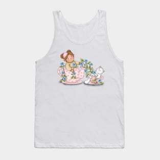 Girl And Cat Inside Tea Cup Tank Top